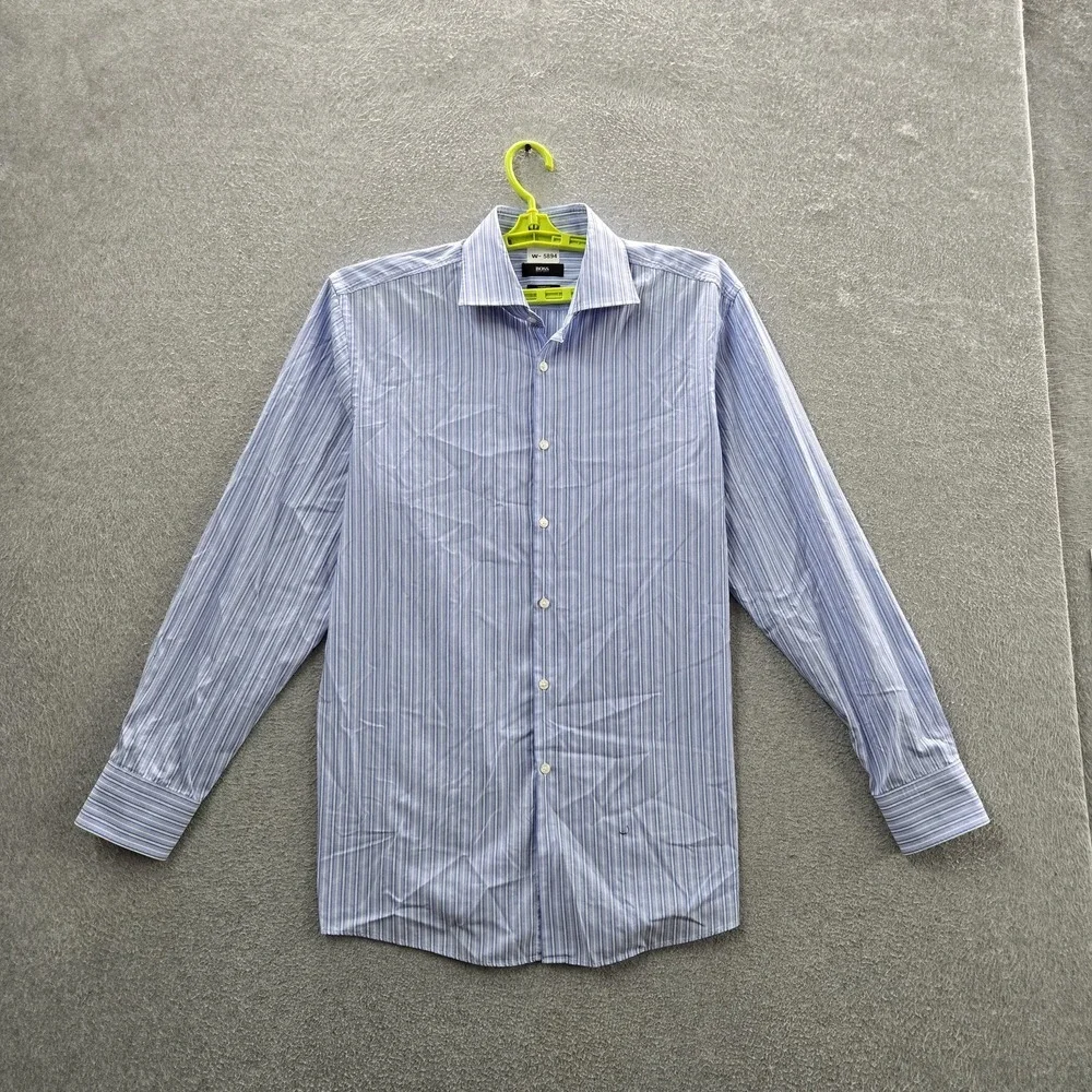 BOSS Hugo Boss Men Button Up Shirt 17  Blue Striped Long Sleeve Sharp Fit